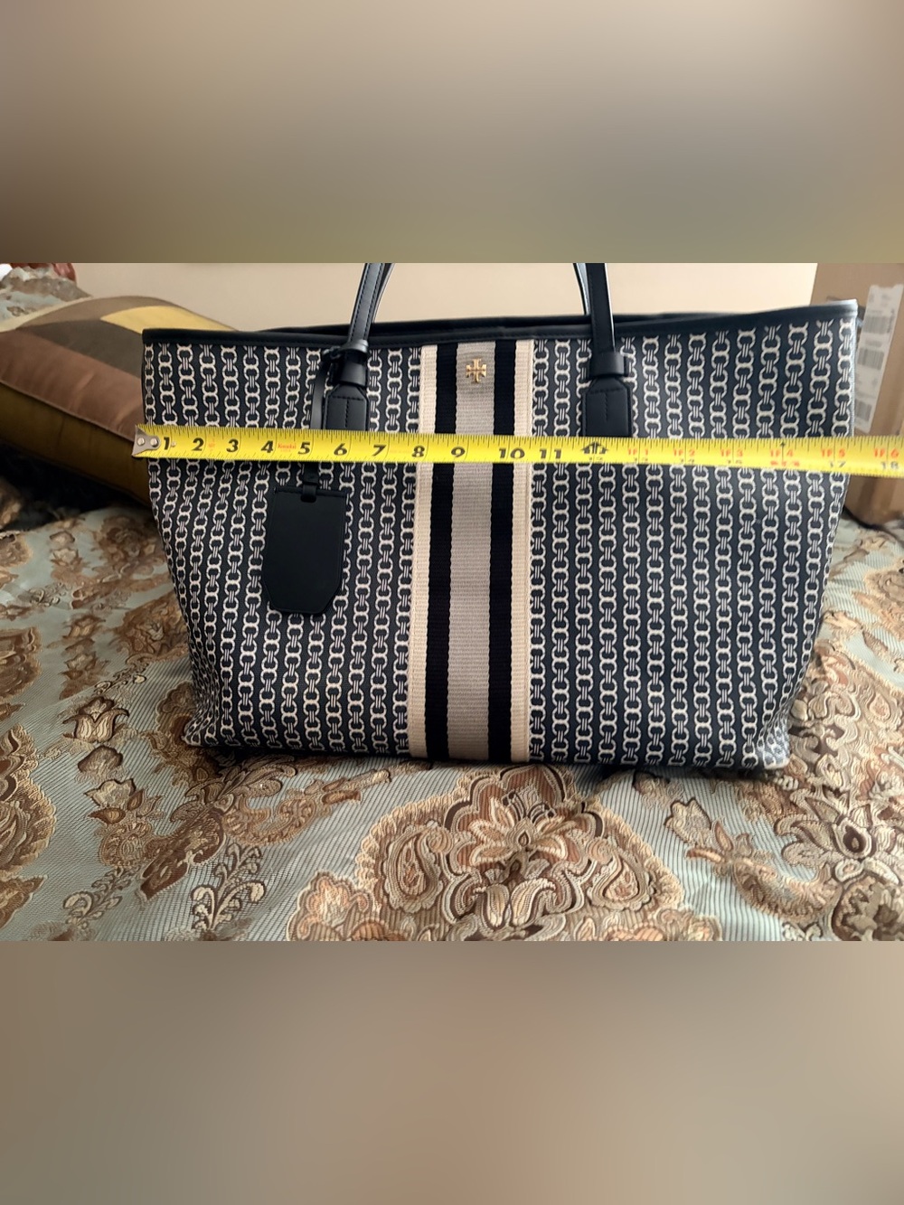 Tory Burch Black and White Logo Stripe Canvas Tote with Center Webbing - Picture 16 of 16